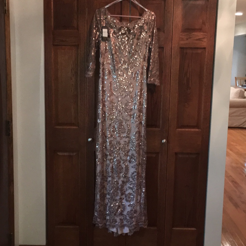 Tadashi shoji rose gold lace gown